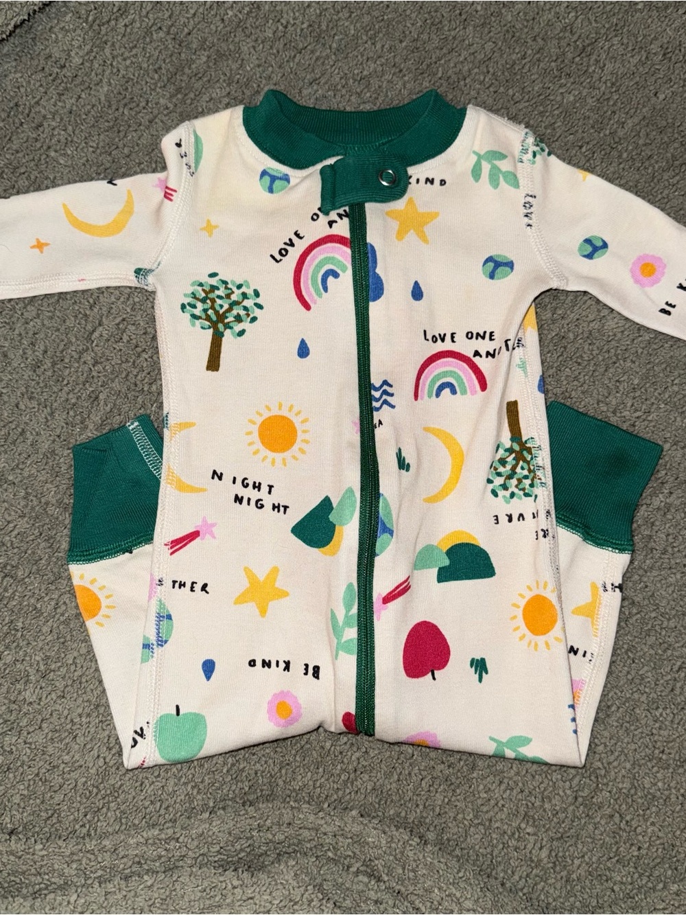 Hanna Andersson Cream Romper with Green Trim and Multicolor Prints